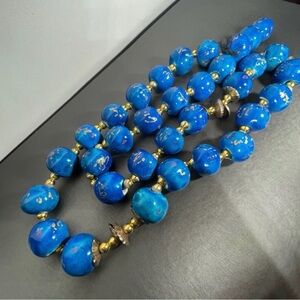 Chunky Blue Beaded Necklace Gold Tone Spacers Bold Statement Vintage Style